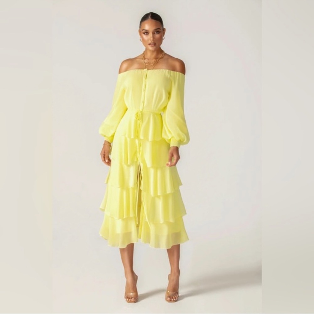 NWT Alieva Dorra Floral Tiered Off Shoulder Chiffon Dress (Yellow)